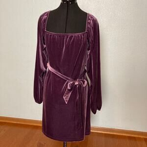 XL And Now This purple belted tie Velvet midi fit and flare dress long sleeve